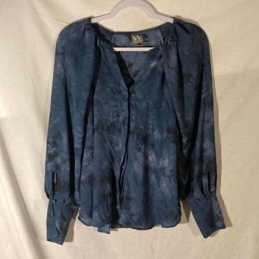 WORTHINGTON blue black purple semi sheer raglan sleeve button up top PL